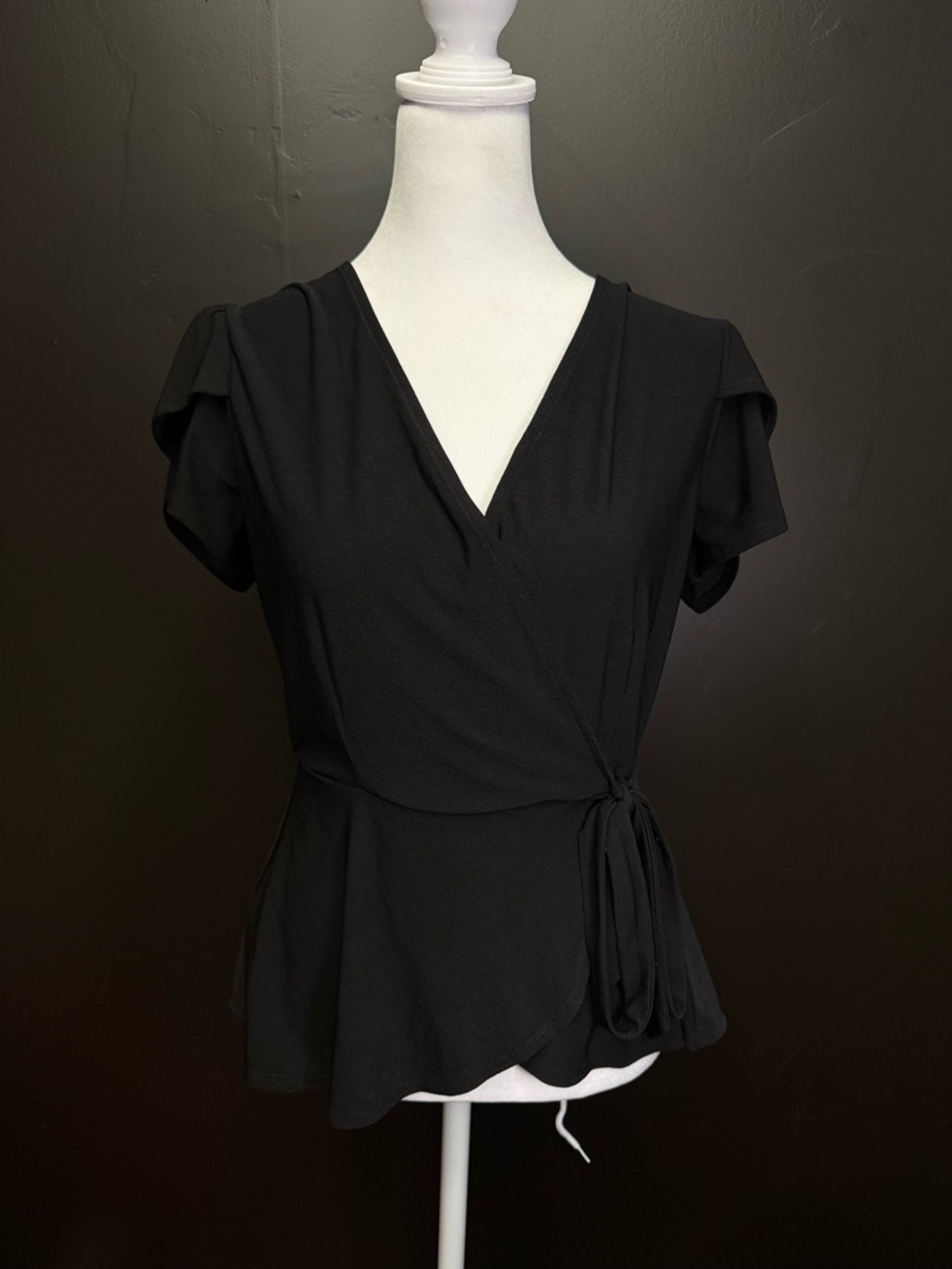 Black Wrap Peplum V-Neck Women's Blouse